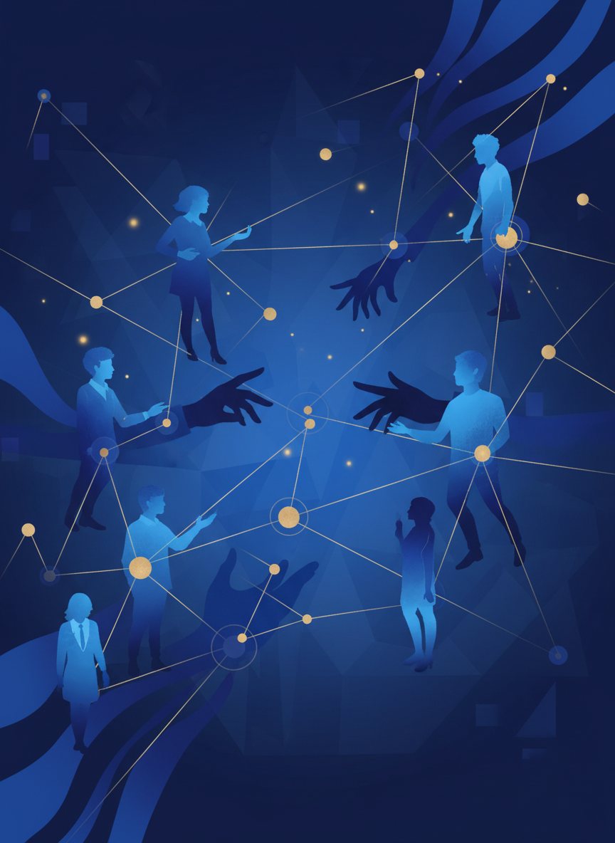 A stylized illustration representing professional networking and mutual support, inspired by deep navy blue and royal blue color tones. Abstract connected nodes and people silhouettes forming a network, warm human connection, hands reaching out, professional yet warm atmosphere. Dark navy blue (#1a2e5a) and royal blue (#2d4a9e) color palette with subtle gold accents. Modern, elegant, slightly artistic style with soft gradients and geometric elements suggesting connection and community.